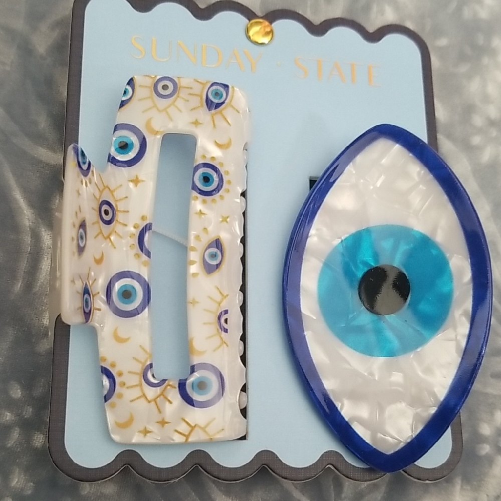 Evil Eye Hair Clip Set - White & Blue Acrylic